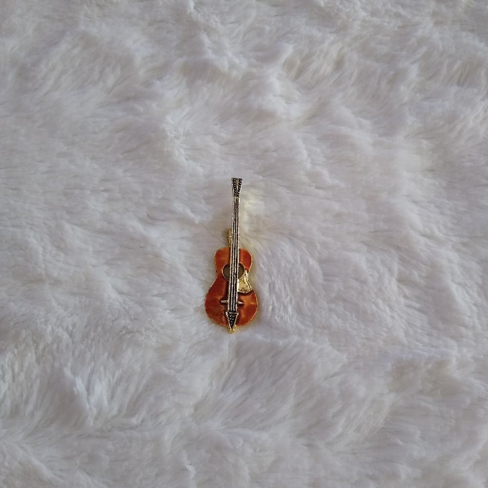 Vintage Enamel Musical Instrument Guitar Brooch